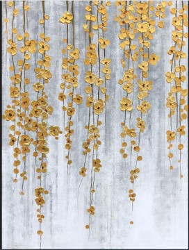 150の主題の芸術作品 Painting - パレットナイフによる自然に垂れ下がった金色の花の壁アートミニマリズムテクスチャ